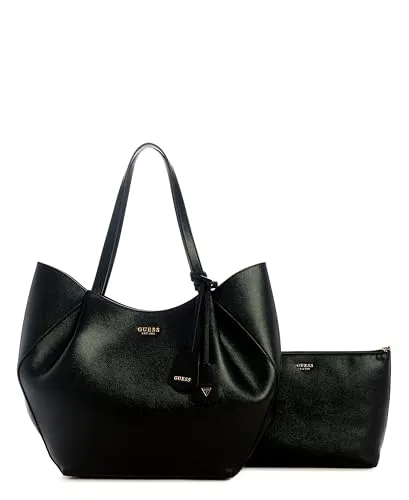 GUESS JEANS BORSA DONNA NERO - Elegante Damen-Schultertasche - Stylische Damen-Schultertasche mit glänzendem goldfarbenem Material, praktischer Innenaufteilung und abnehmbaren Reißverschlussfach für optimale Organisation.