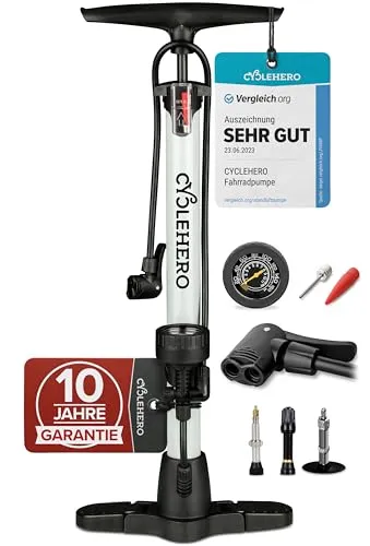 CYCLEHERO Fahrradpumpe für alle Ventile - Luftpumpen für alle Ventile, leistungsstark bis 160 PSI, mit 10 Jahren Garantie und übersichtlichem Manometer für optimalen Reifendruck.