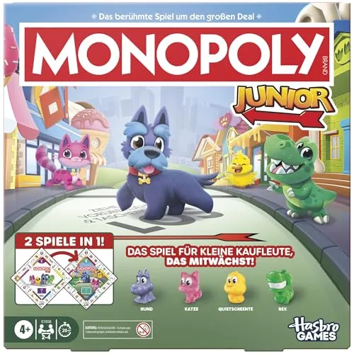 Monopoly Junior Square 2 In 1 - Gesellschaftsspiel für die ganze Familie - Unterhaltsames Spiel für 2 bis 4 Spieler ab 4 Jahren. Ideal für unvergessliche Familienabende und spielerisches Lernen.