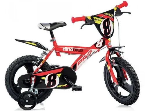 Kinderfahrrad DINO "Mountainbike 14 Zoll" rot - Kinderfahrrad für abenteuerliche Ausflüge, mit coolen Details wie Schutzblechen und Frontschild. Ideal für Kinder ab 3 Jahren, bietet Sicherheit durch Stützräder und angenehmen Fahrkomfort dank Luftbereifung.