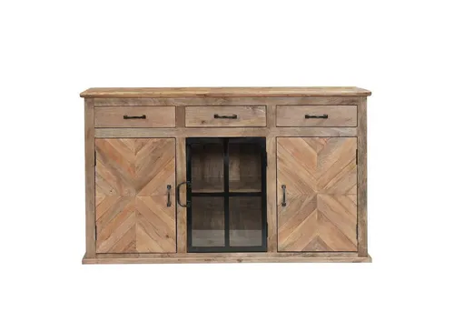 baario Sideboard CHATEAU Vitrine 150cm – Rustikale Industrial Kommode - Dieses massive Sideboard mit Vitrine vereint rustikalen Charme und moderne Eleganz. Aus edlem Mangoholz und Eisen gefertigt, bietet es nicht nur Stauraum, sondern wird zum Blickfang in Ihrem Zuhause.