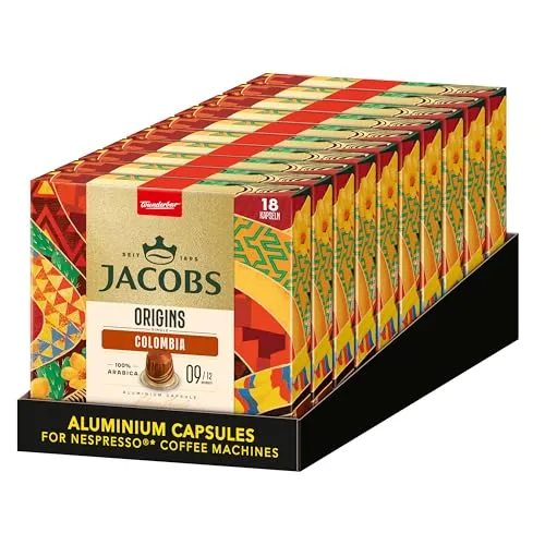 Jacobs Kaffeekapseln Colombia, 100% Arabica, Intensität 9/12 - Kaffeekapseln & Pads mit vollmundigem Espresso, leicht süß und schokoladig im Abgang. Ideal für Nespresso*-Maschinen, nachhaltig bezogen für besseren Kaffeeanbau.