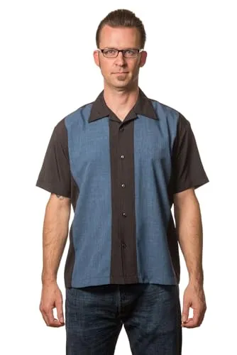 Steady Clothing Hemd Pop Check Double Panel Blau Vintage Bowling Shirt Retro, Größe:XL