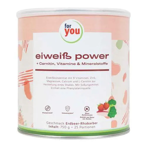For You Eiweiß Power Erdbeer-Rhabarber Pulver 750 g - Eiweißnahrung mit 80% Proteinanteil, perfekt für Sportler und gesundheitsbewusste Ernährung. Angereichert mit Vitaminen und L-Carnitin für optimale Fitness und langanhaltende Sättigung.