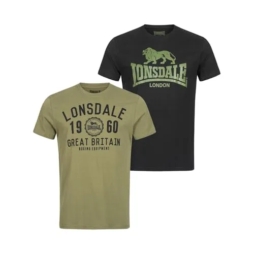 Lonsdale Herren Bangor Double Pack T-Shirt - Schwarz/Olive, XL EU - Rundhalsshirts aus 100% Baumwolle, atmungsaktiv und bequem, ideal für langanhaltenden Tragekomfort. Attraktive Grafik mit klassischem Lonsdale Logo. In verschiedenen Größen erhältlich.