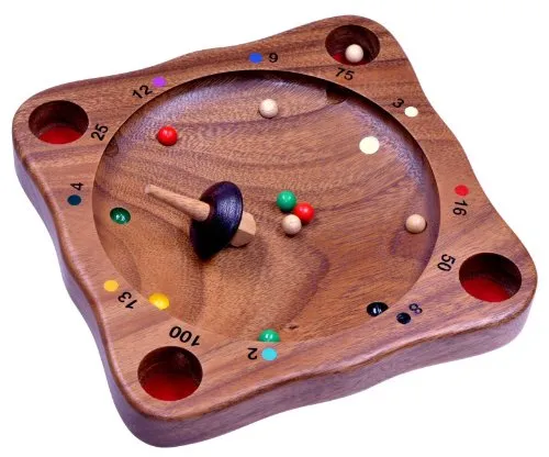 LOGOPLAY Tiroler Roulette - Geschicklichkeitsspiel aus Holz - Gesellschaftsspiel für 2+ Spieler mit stabilem Samena-Holz-Spielfeld und handlichem Kreisel. Umweltfreundlich und ab 6 Jahren geeignet.