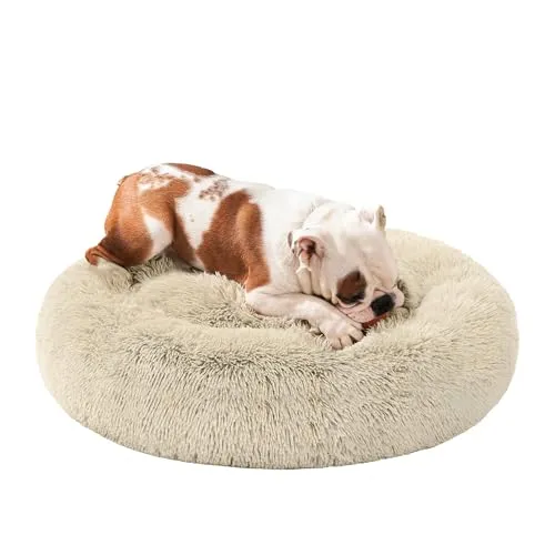 Feandrea Hundebett flauschig, Katzenbett, Donut Kissen, waschbar, Polsterung in der Mitte herausnehmbar, Langer Plüsch, 80 cm Durchmesser, Ombré-Khaki PGW040S01