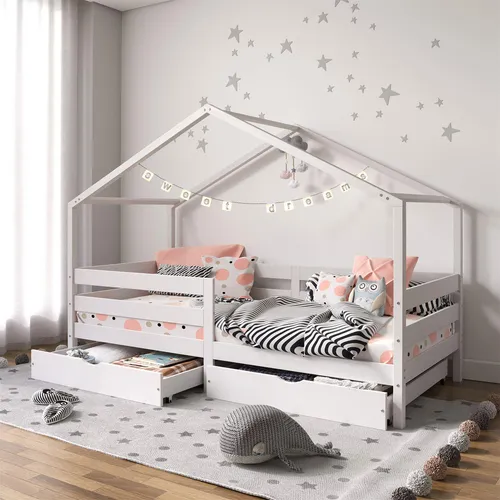 IDIMEX Hausbett ENA aus massiver Kiefer - Kleinkindbett mit Rausfallschutz und 2 Schubladen, ideal für sicheres Schlafen und praktischen Stauraum im Kinderzimmer.