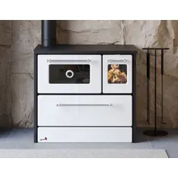 Küchenofen Holzherd 701-G Omega - 9,18 kW, Weiß, linke Version - Vielseitiger Holzherd mit großem emaillierten Backfach und Gusseisenkochfläche. Ideal zum Kochen und Backen ohne Strom. Inklusive Backblech und Rost für optimale Nutzung.
