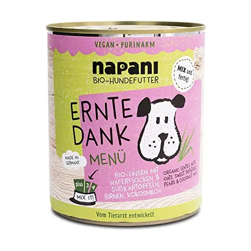 napani - Ernte Dank - Veganes Hundefutter nass, Bio Hundefutter mit Linsen & Haferflocken, Hunde Nassfutter, purinarm & schonend gegart, 12 x 400g