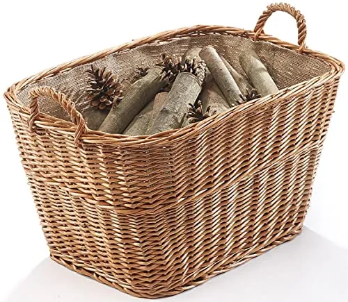 Kobolo Kaminholzkorb aus gekochter Weide - Kaminholzkörbe aus gekochter Weide, robust und dekorativ, mit Leinenfutter für stilvolle Holzlagerung im Wohnraum.
