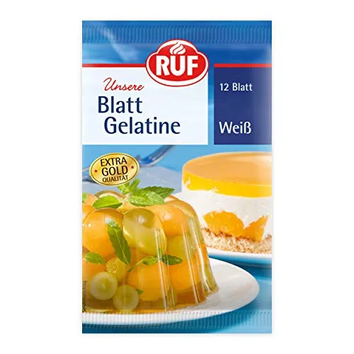 RUF Blatt Gelatine Weiß – 12 Blatt für vielseitige Rezepte - Vielseitige, geschmacksneutrale Gelatine für das Gelieren und Verdicken von Speisen. Einfach zu verwenden, ideal für kalte und warme Gerichte. Praktische Packung mit 12 Blatt für 1 Liter Flüssigkeit.