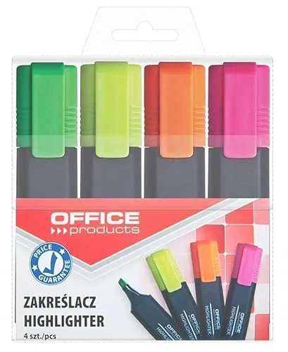 OFFICE PRODUCTS Textmarker Leuchtend 4er Pack Farbe: Gelb, Oragne, Rosa, Grün / Highlighter Textliner Die Ungiftige Tinte, Keilspitze Leuchtfarben Hohe Qualität/ Strichstärke 1-5mm