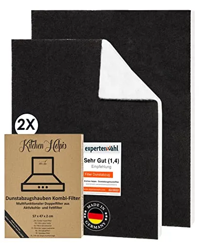 Kitchen Helpis® 2 Dunstabzugshauben-Filter mit AKTIVKOHLE & FETTFILTER, Filter Dunstabzugshaube 57x47 cm [zuschneidbar] - 2cm dick -, Aktivkohlefilter für Dunstabzugshaube, Kombifilter für Abzugshaube
