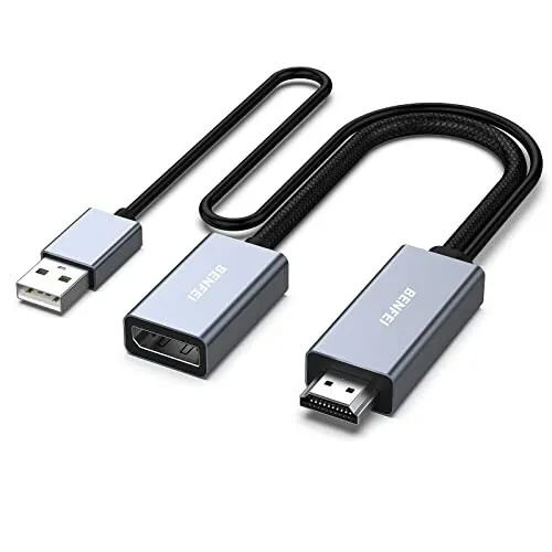BENFEI HDMI auf DisplayPort Adapter - 4K@60Hz, 2K@144Hz für PC, PS5, Xbox - DP-HDMI-Adapter für eine hohe Auflösung bis 3840*2160@60Hz, ideal für Gaming und Multimedia, robustes Design mit geflochtenem Nylonkabel und Aluminiumgehäuse.