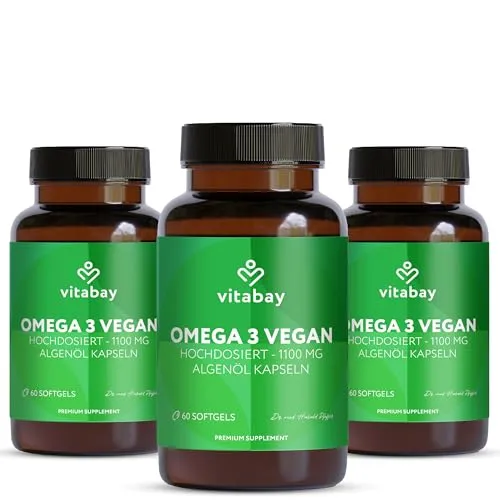 Vitabay Omega 3 Vegan Hochdosiert – 1100 mg Algenöl – 180 Kapseln mit DHA & EPA im 2:1 Verhältnis – unterstützt Gehirn & Sehkraft – Laborgeprüft