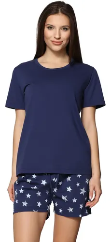 Merry Style Schlafanzug Damen Pyjama Zweiteiler Kurz aus Baumwolle Set MS10-177, Marineblau Sterne/ Blau