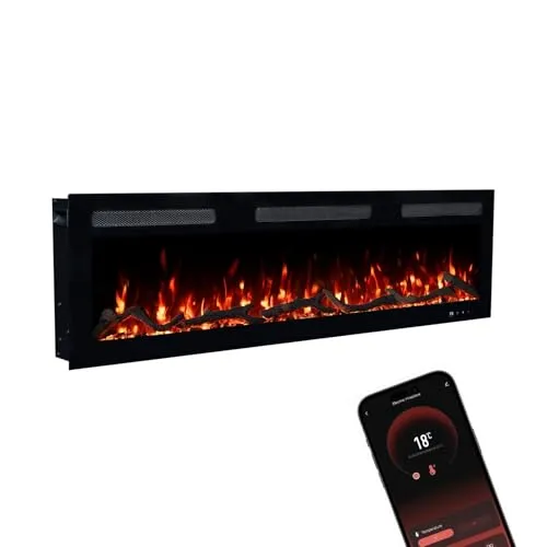 GLOW FIRE Elektrokamin Inside - 3D Feuer, Heizung & APP Steuerung - Eleganter Elektrokamin für Wandmontage oder freistehend. Genießen Sie realistische Flammen mit 10 Farben, energiesparenden LEDs und intelligenter Temperatursteuerung.