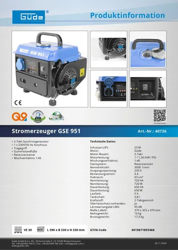 Güde Stromerzeuger GSE 951 - Leistungsstarker 1-tlg Generator - Stromaggregate für zuverlässige Energieversorgung, ideal für Baustellen und Notfälle mit hoher Leistung und robustem Design.