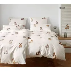 Elegante Bettwäsche Bunnies - 155x220 cm + 40x80 cm - Bettwäsche in Mitternachtsblau oder Leinen mit zauberhaften Häschen-Motiven. Hergestellt aus 100% Baumwolle (Seiden-Satin) und OEKO-TEX® zertifiziert für schadstofffreie Qualität.