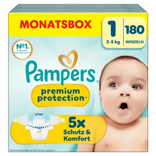 Pampers Windeln Monatsbox - Premium Protection Größe Gr.1 (2-5 kg), 180 Stück für optimalen Schutz von Neugeborenen