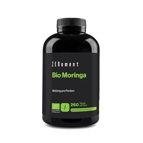 Bio-Moringa 1800 mg pro Portion – Bio-Superfood mit Vitaminen, Mineralstoffen und Antioxidantien – Hohe Konzentration und Reinheit – 260 Vegane Kapseln – 3 Monate Vorrat – Zenement