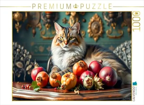 CALVENDO Puzzle Katze auf Gründerzeit-Tisch mit reifem Obst | 1000 Teile Lege-Größe 64 x 48 cm Foto-Puzzle für glückliche Stunden