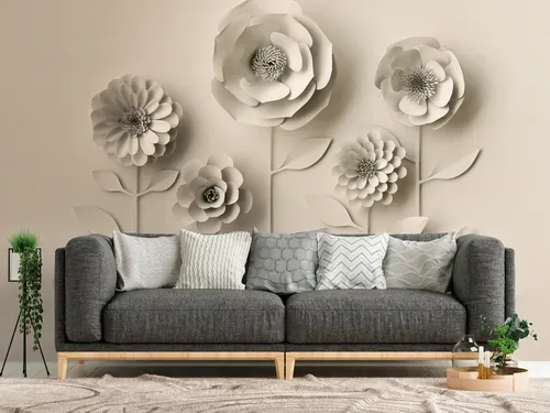 Livingwalls Fototapete Blumen 3D Beige 382931 - Hochwertige 3D Vliestapete in Beige, 3,71 m x 2,80 m, ideal für Wohnzimmer und Schlafzimmer. Leicht zu verarbeiten und rückstandslos abziehbar – für ein stilvolles Raum-Highlight!