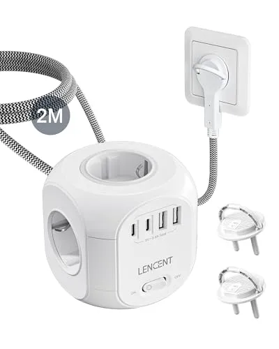 LENCENT 4 Fach Steckdosenleiste Flachstecker Cube mit USB & Typ-C - Steckdosen & Zubehör: 8-in-1 Mehrfachsteckdose mit 4 Steckdosen, 3 USB-A und 1 Typ-C Anschluss, flacher Stecker für platzsparende Nutzung, 2m geflochtenes Kabel für mehr Flexibilität.
