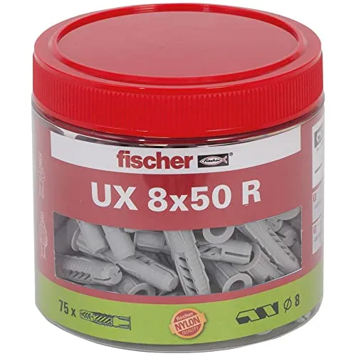 fischer Universaldübel UX 8 x 50 R, handliche Runddose mit 75 Nylondübeln, Allzweckdübel mit Rand für optimalen Halt bei Befestigungen in Beton, Gipskarton, Kalksand-Lochstein uvm.