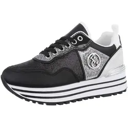 Ital-Design Damen Low-Top Keilabsatz Sneakers Schwarz/Silber - Stylische Wedge Sneakers in Schwarz und Silber. Mit 5 cm Absatzhöhe und bequemem Schnürverschluss ideal für Freizeit und Alltag.