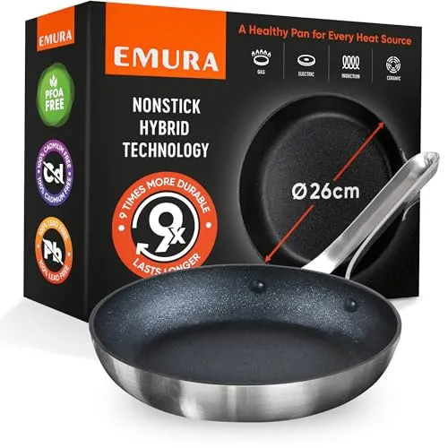 Emura Antihaft Bratpfanne 26cm - Pfanne für alle Herdarten, kratzfest und PFOA- sowie PTFE-frei. Langlebige Antihaftbeschichtung für gesundes Kochen mit weniger Öl.
