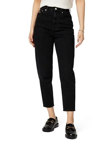 Tommy Jeans Mom-Jeans High Waist - Tapered Denim Black mit Logo-Badge - Modische Mom-Jeans in Denim Black, hoch geschnitten mit elastischem Material für optimalen Komfort und stylischen Look. Ideal für lässige Outfits.