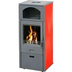 Kaminofen Plamen Laguna rot mit Herdplatte - Kaminöfen, eleganter Gusskaminofen mit großem Feuerpanorama und Herdplatte zum Kochen, effizient und langlebig mit 80,8% Wirkungsgrad.