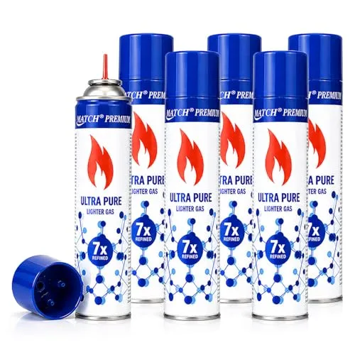 6X 300 ml Feuerzeuggas zum Nachfüllen mit Adaptern | Butangas für Flammbierbrenner | Sturmfeuerzeuge | Stabfeuerzeug | Feuerzeug Gas Nachfüller