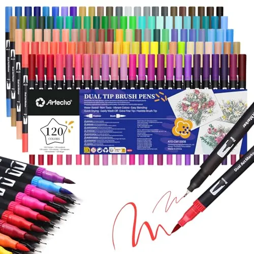 Artecho Dual Brush Pen Set 120 Farben, Fineliner Set, Filzstifte Dicke und Dünne, Pinselstifte set, Stifte für Bullet journal, Kalligraphie, Manga, Malbücher und Handlettering