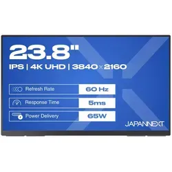 JapanNext Tragbarer Monitor 23,8" 4K UHD mit HDR und USB-C - Erleben Sie brillante 4K UHD-Bilder auf einem 23,8" IPS-Panel. Dieser tragbare Monitor ist leicht, ideal für unterwegs und bietet vielseitige Anschlussmöglichkeiten für maximale Flexibilität.