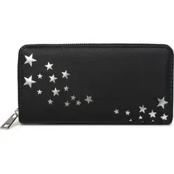 styleBREAKER Damen Portemonnaie mit Metallic Sternen | große Geldbörse mit Reißverschluss, Kartenfächern & Handyfach, Kunstleder 19 x 10 cm - Schwarz