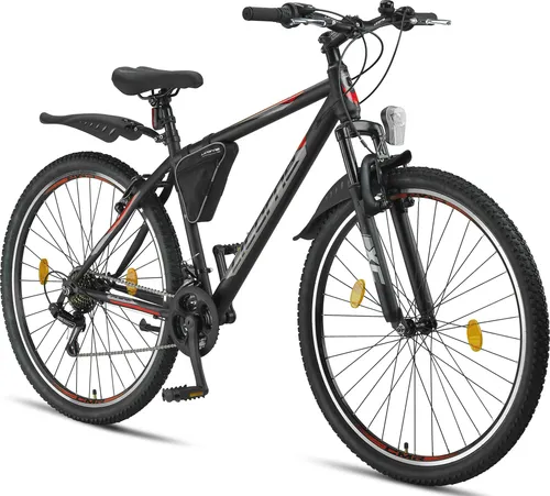 Licorne Bike Guide Premium Mountainbike Shimano 29 Zoll, Schwarz/Rot - Robustes 29 Zoll Mountainbike mit Gabelfederung und 21-Gang Kettenschaltung für müheloses Fahren im Gelände. Ideal für den täglichen Einsatz, inklusive StVZO-konformer Beleuchtung.