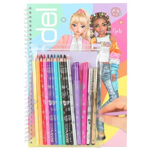 Depesche 12943 TOPModel - Malbuch Set mit 76 Seiten, inkl. Stickerbogen und 14 Stiften für kreative Outfits