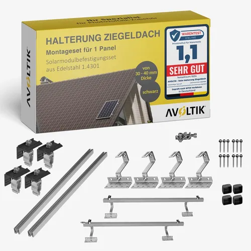 Avoltik Solarmodul-Halterung für Ziegeldach - Robustes Montageset für 1 Solarmodul, inklusive verstellbarer Dachhaken und langlebigen Aluschienen. Ideal für eine sichere und stabile Befestigung auf Ziegeldächern.