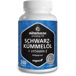 Vitamaze Schwarzkümmelöl 500 mg + Vitamin E Kapseln - Arzneimittel mit 1.010 mg hochwertigem Schwarzkümmelöl pro Tag und natürlichem Vitamin E zum Schutz der Zellen vor oxidativem Stress – ideal für dein Wohlbefinden.