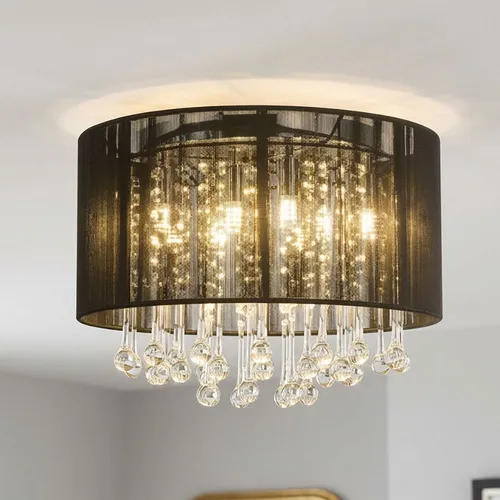 LED Decken Hänge Leuchte Bagana - Schwarz - Elegante Deckenleuchte aus Seide mit funkelnden Glaskristallen, ideal für stilvolle Wohnräume. Spendet warmweißes Licht und überzeugt durch Energieeffizienz mit 88% Einsparung.