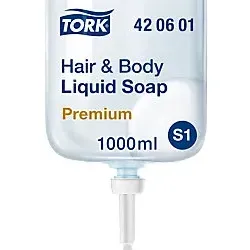 TORK Hair and Body 420601 Flüssigseife 1l 6St. - Körperpflege: Praktisches Duschgel und Shampoo in einem, ideal für Hotels und Sportstätten mit milder Formel und erfrischendem Unisex-Duft.