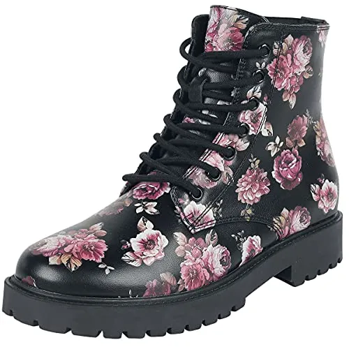 Rock Rebel by EMP Damen Boots mit floralem Alloverprint - Schwarz - EU40 - Schwarze Schnürboots mit floralem Alloverprint von Rock Rebel by EMP. Ideal für individuelle Styles, mit markanten Details und einer Absatzhöhe von 3,5 cm. Perfekt für einen rockigen Look!