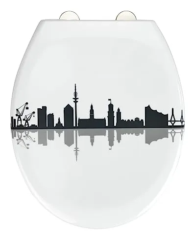 WC-Sitz Hamburg von WENKO - Hochwertiger WC-Sitz Hamburg mit Skyline-Design, Easy-Close Absenkautomatik und hygienischer 2-Knopf Fix-Clip Edelstahlbefestigung für einfache Montage und Reinigung, ideal für Zuhause und stark frequentierte Orte.