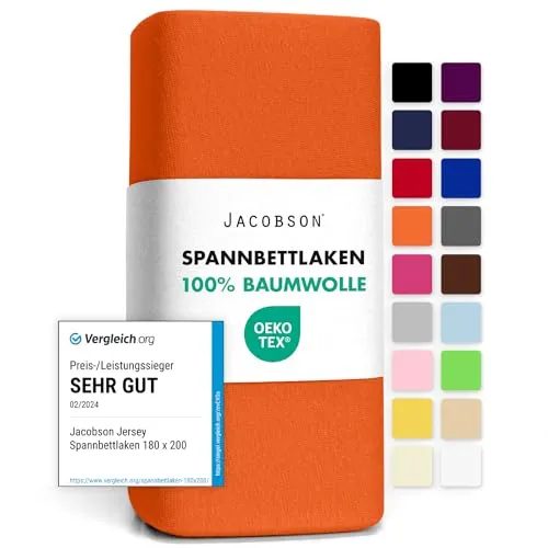 Jacobson Jersey Spannbettlaken Spannbetttuch Baumwolle Bettlaken (120x200-130x200 cm, Orange)