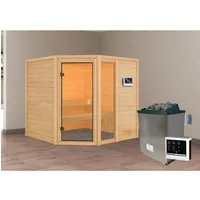 Karibu Sauna Tabea mit externem Ofen und Ganzglastür - Genießen Sie die wohlige Wärme der Karibu Massivholzsauna Tabea mit 9 kW Ofen und hochwertiger Ganzglastür. Ideal für niedrige Räume, bietet sie optimale Wärmeisolierung und eine einfache Montage.