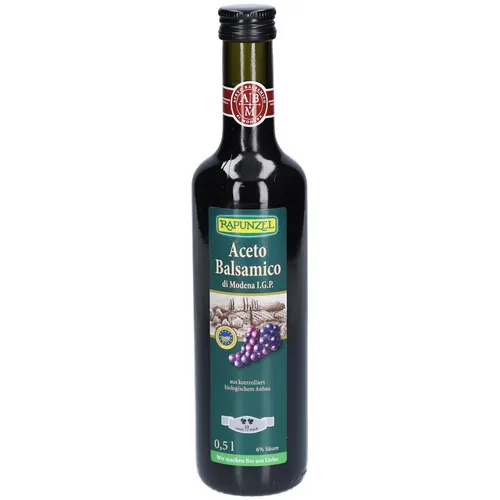 Rapunzel Aceto Balsamico di Modena I.G.P. (Rustico) bio - Bio Aceto Balsamico di Modena IGP, traditionell aus sonnengereiften Trauben, reift in Holzfässern und begeistert mit seinem harmonischen, mild würzig-sauren Aroma. Ideal für Salate und marinierte Gerichte.