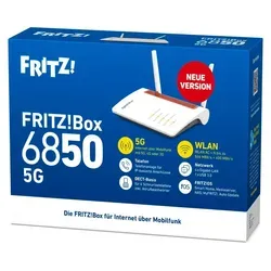 FRITZ 6850 5GV2 - FRITZ!Box 5G WLAN-Router - Die FRITZ!Box 6850 5G ermöglicht schnelles Internet über 5G und 4G mit bis zu 1 GBit/s. Mit leistungsstarkem WLAN Mesh und einfacher Einrichtung ist sie ideal für smartes Zuhause und flexible Telefonie.